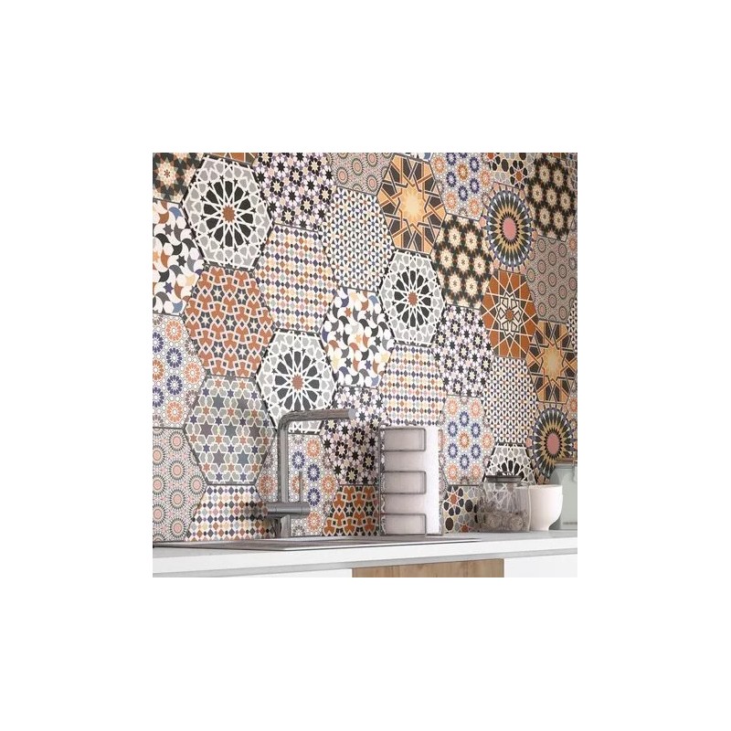 Carrelage hexagonal - Tomette en carrelage effet ciment 33x28.5 cm MIX ANDALOU