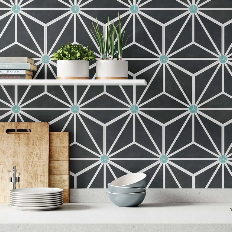 Carrelage hexagonal - Carrelage OSAKA CHARCOAL 28,5x33 cm effet carreaux ciment