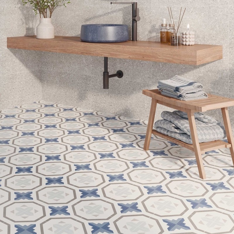 Carreaux ciment - carrelage PRISMA BLUE 25x25cm imitation carreaux ciment antidérapant R11