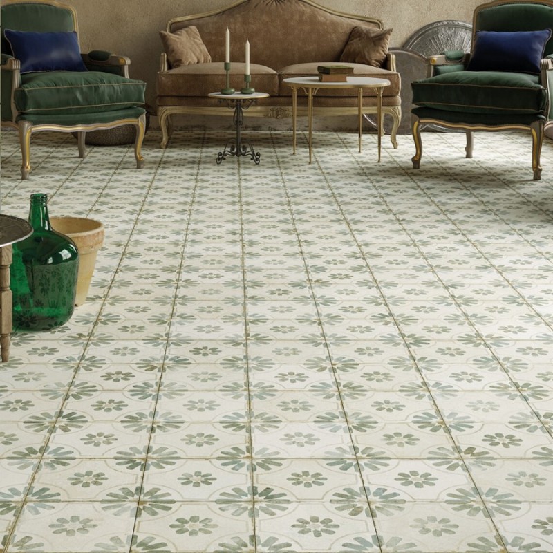 Carreaux ciment - Carrelage carreaux de ciment FS BLUME Sage 45x45 – Motif floral vert ancien