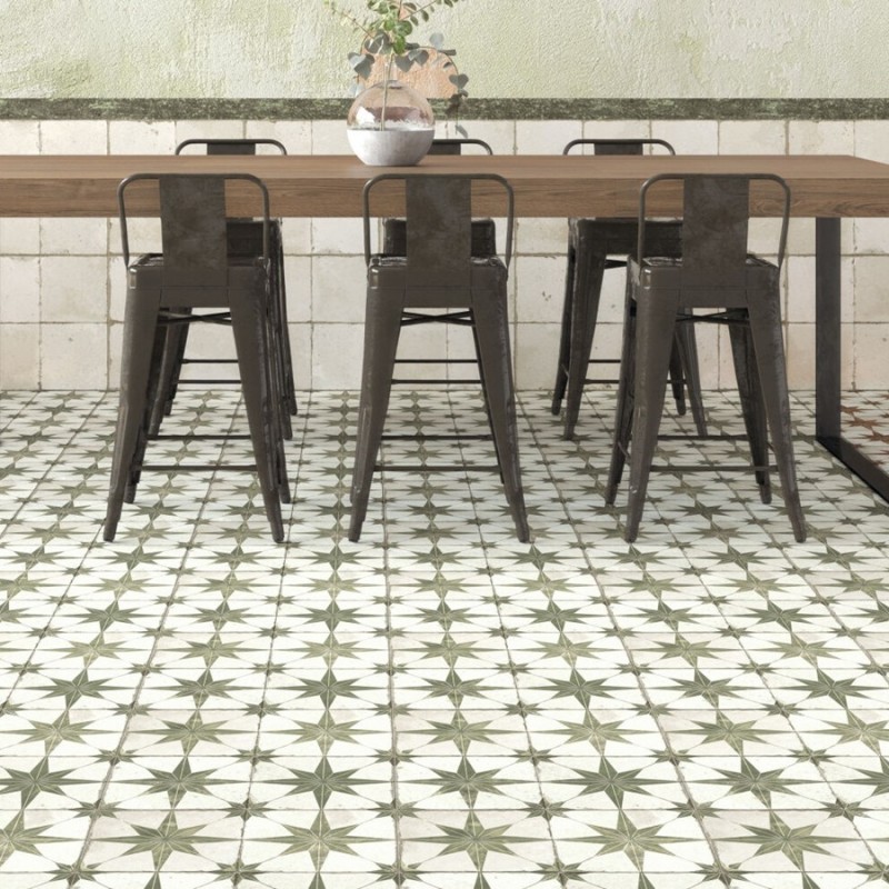 Carreaux ciment - Carrelage carreaux de ciment FS STAR Sage 45x45 – Etoile vert sauge