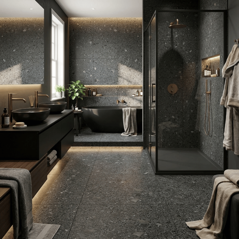 salle de bain terrazzo gris noir