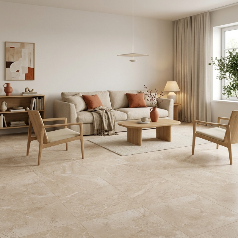 Salon beige et bois Carrelage travertin - Effet pierre - Carrelage  Deep Stone Corda 90x90 cm - effet travertin